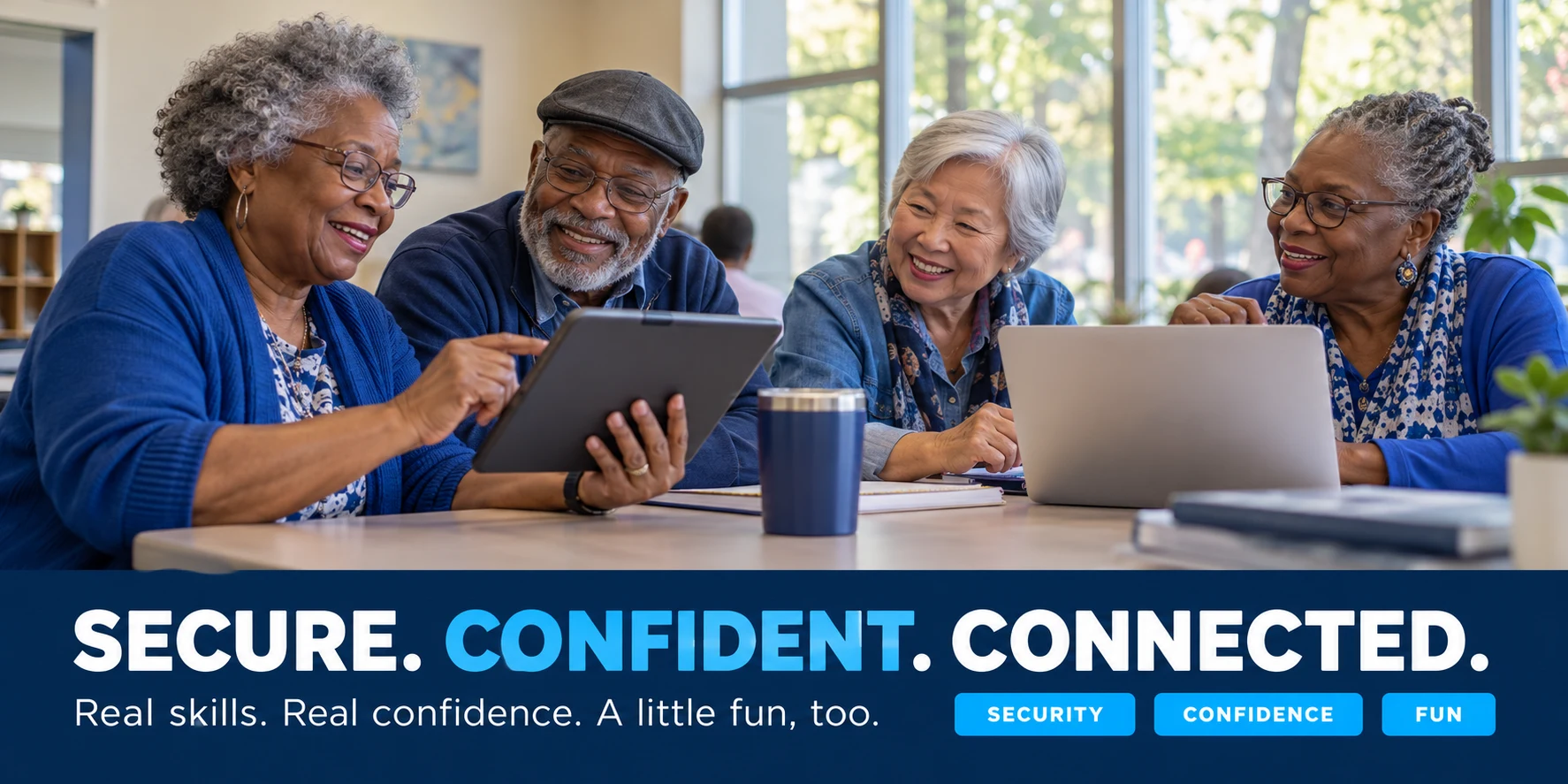 Illustration of older adults smiling as they learn together using a tablet and laptop. Secure, confident, connected.