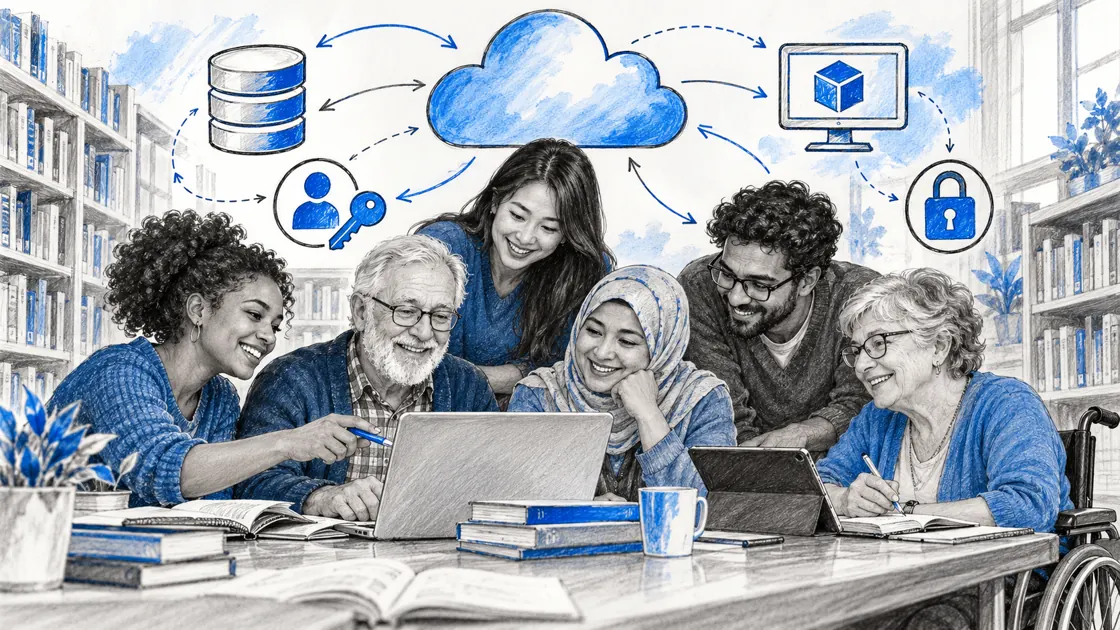 Pencil sketch of diverse learners exploring cloud terms