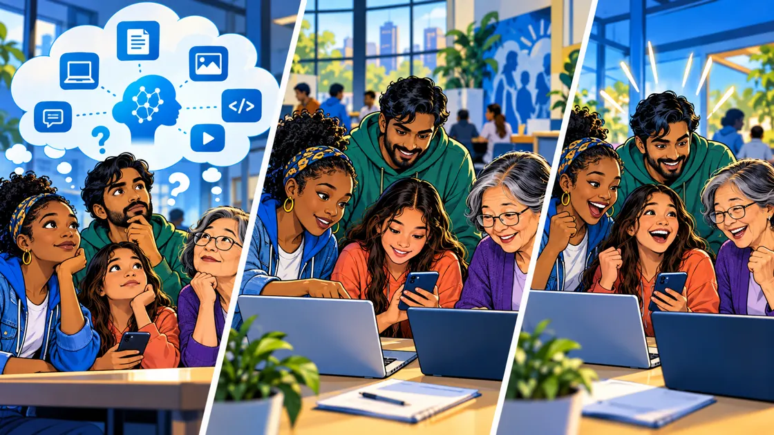 Comic panels of diverse learners exploring free cloud and AI tools