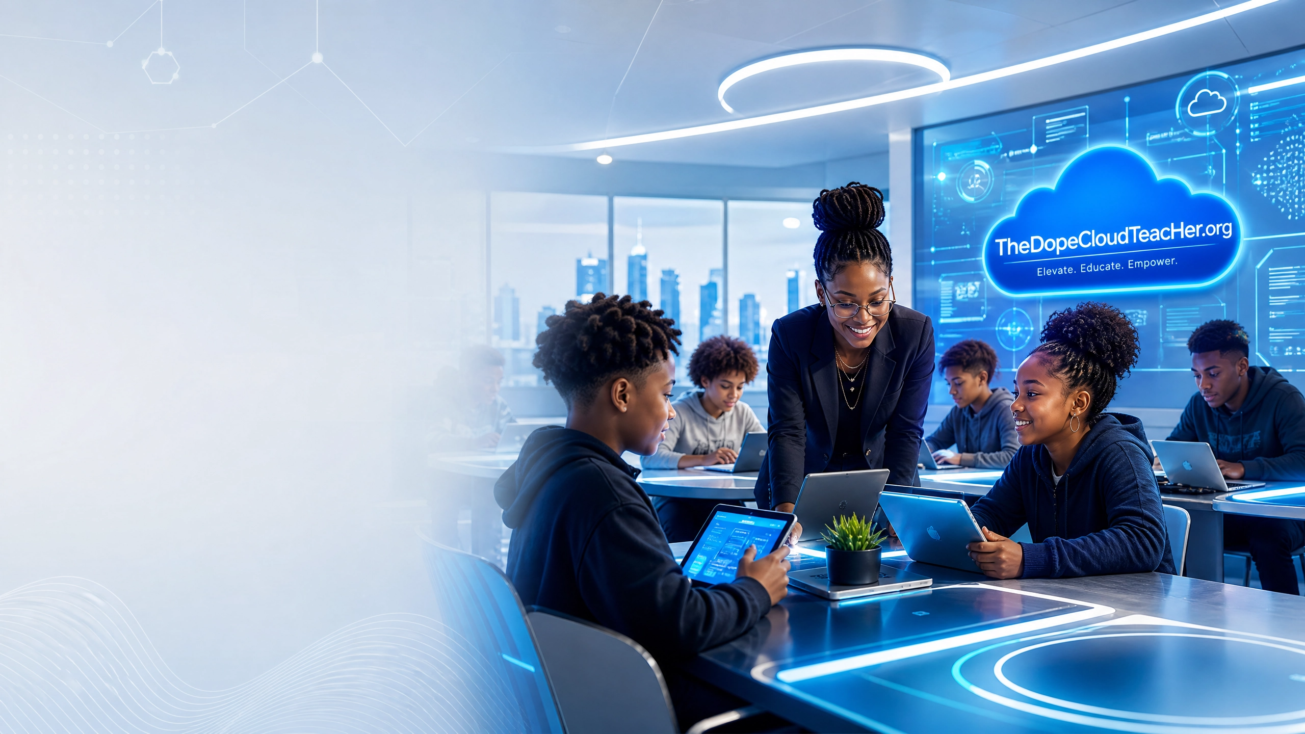 Black and Brown learners collaborating in a technology classroom